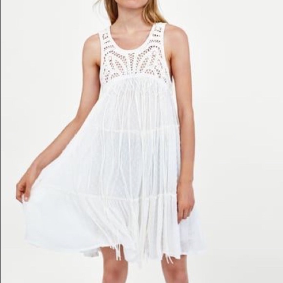 Zara Dotted Mesh Dress With Crochet Bib Fringe - Picture 6 of 6